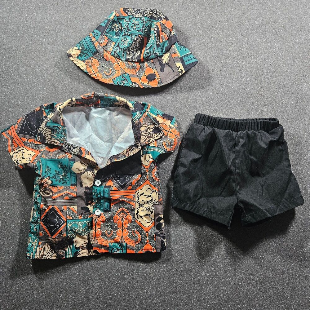 Toddler 3Pc Outfit Set 9-12M Tropical Shirt Shorts Hat Matching Set